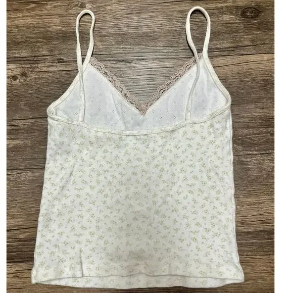 Brandy Melville Cream Floral Pink Lace Trim Cami Tank Y2K Coquette Cottagecore - Picture 4 of 8